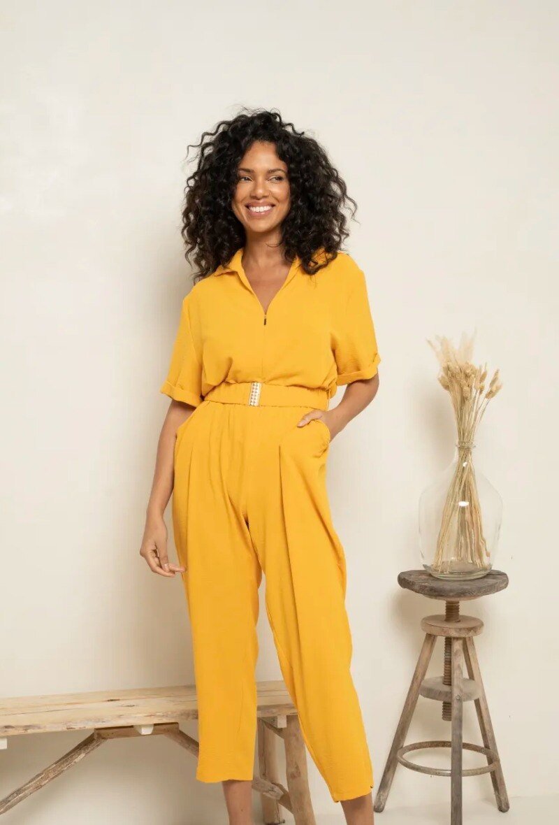 Combinaison fluide avec ceinture jaune moutarde - RIVE GAUCHE