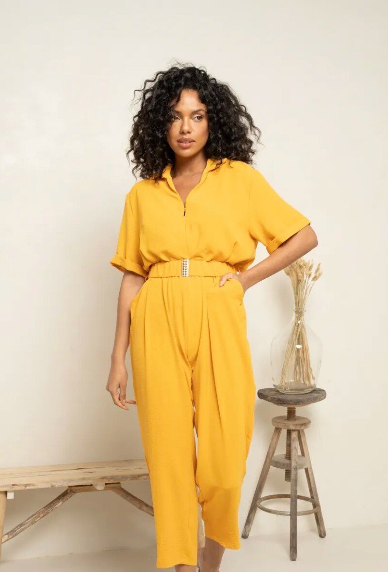 Combinaison fluide avec ceinture jaune moutarde - RIVE GAUCHE