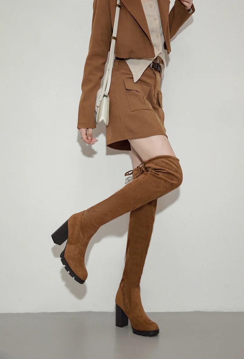 Cuissardes en suédine à talon haut camel - RIVE GAUCHE