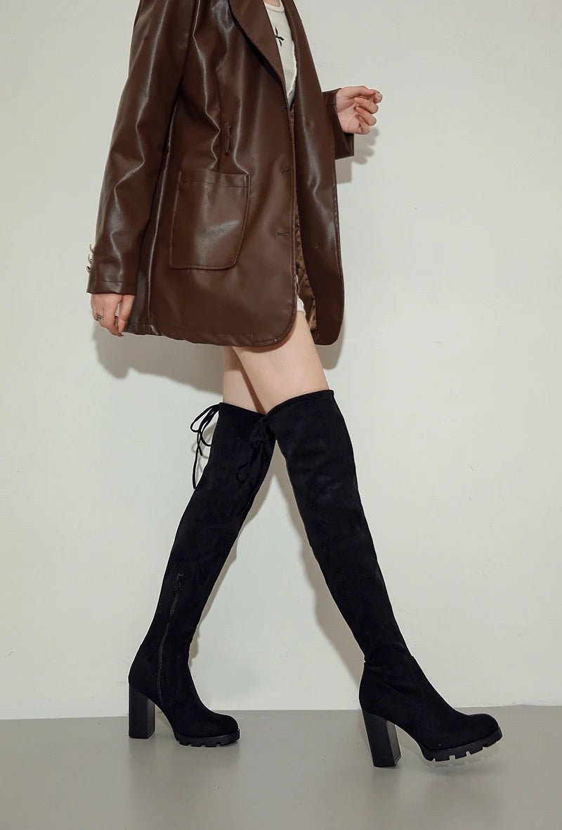 Cuissardes en suédine à talon haut noir - RIVE GAUCHE