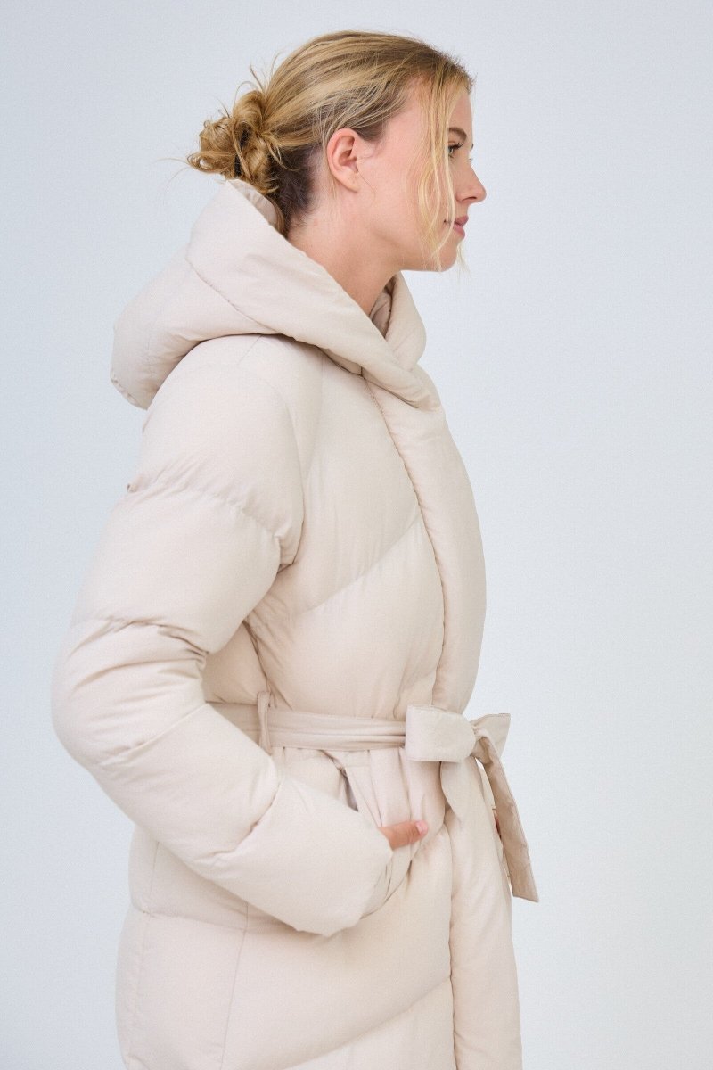 Doudoune beige longue avec capuche et ceinture de serrage - RIVE GAUCHE