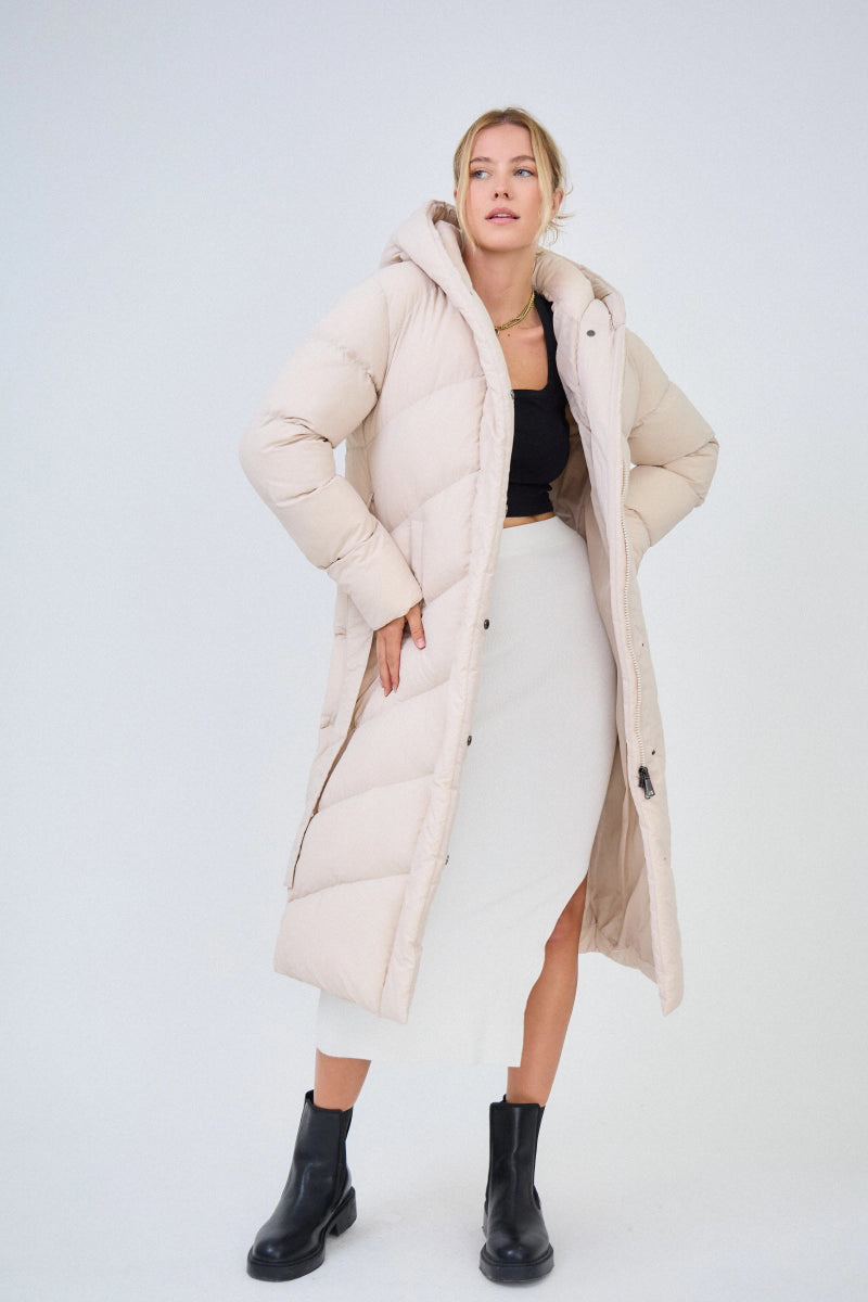 Doudoune beige longue avec capuche et ceinture de serrage - RIVE GAUCHE