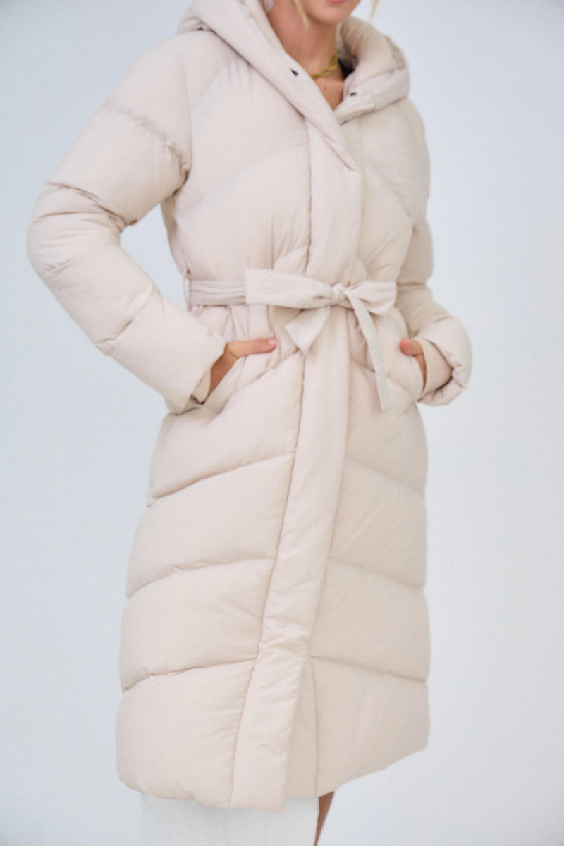 Doudoune beige longue avec capuche et ceinture de serrage - RIVE GAUCHE