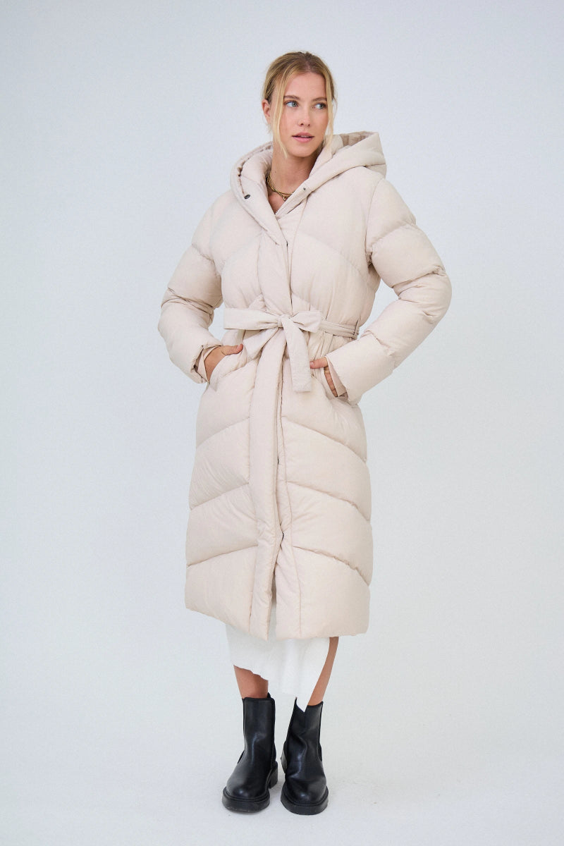 Doudoune beige longue avec capuche et ceinture de serrage - RIVE GAUCHE
