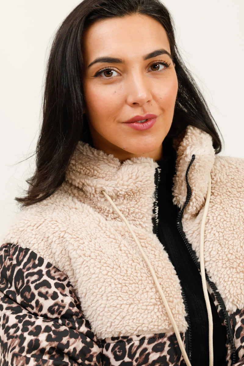 Doudoune bi matière courte moumoute et léopard - RIVE GAUCHE