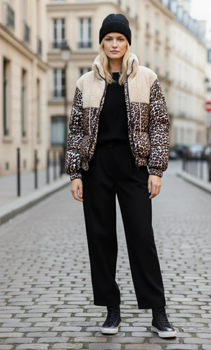 Doudoune bi matière courte moumoute et léopard - RIVE GAUCHE