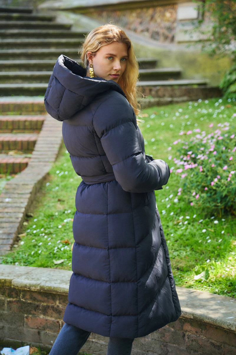 Doudoune noire longue avec capuche et ceinture de serrage - RIVE GAUCHE