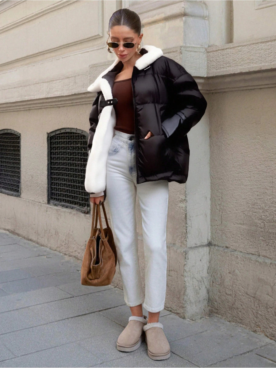 Doudoune oversize matelassée noire avec encolure fourrée - RIVE GAUCHE