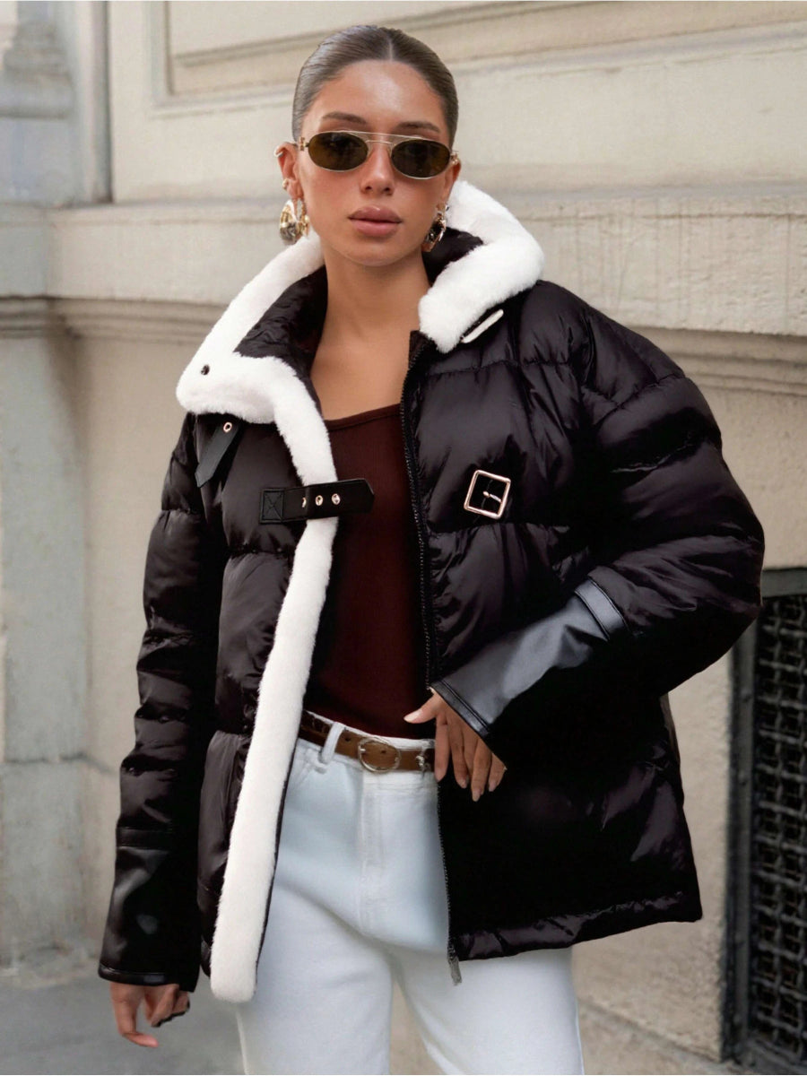 Doudoune oversize matelassée noire avec encolure fourrée - RIVE GAUCHE