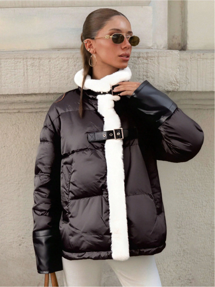 Doudoune oversize matelassée noire avec encolure fourrée - RIVE GAUCHE