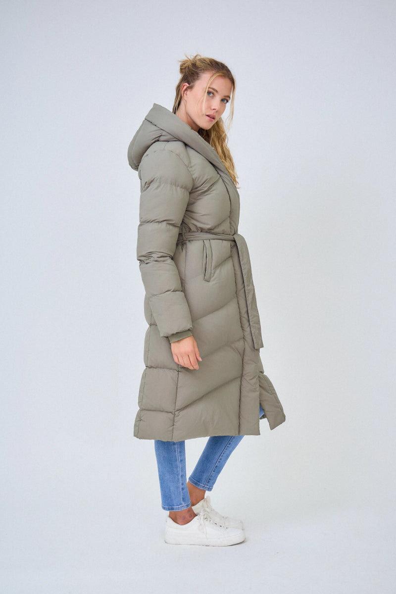 Doudoune vert d'eau longue avec capuche et ceinture de serrage - RIVE GAUCHE