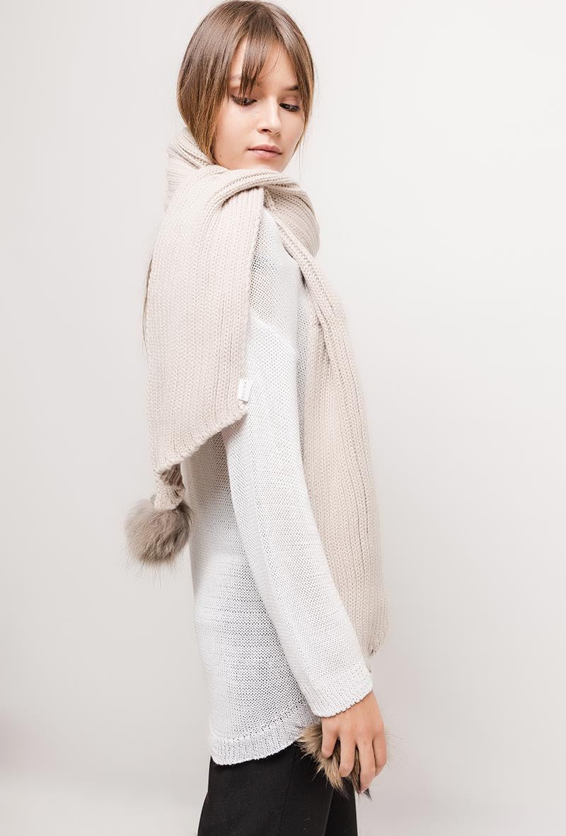 Écharpe beige en laine mélangée avec pompons en fourrure - RIVE GAUCHE