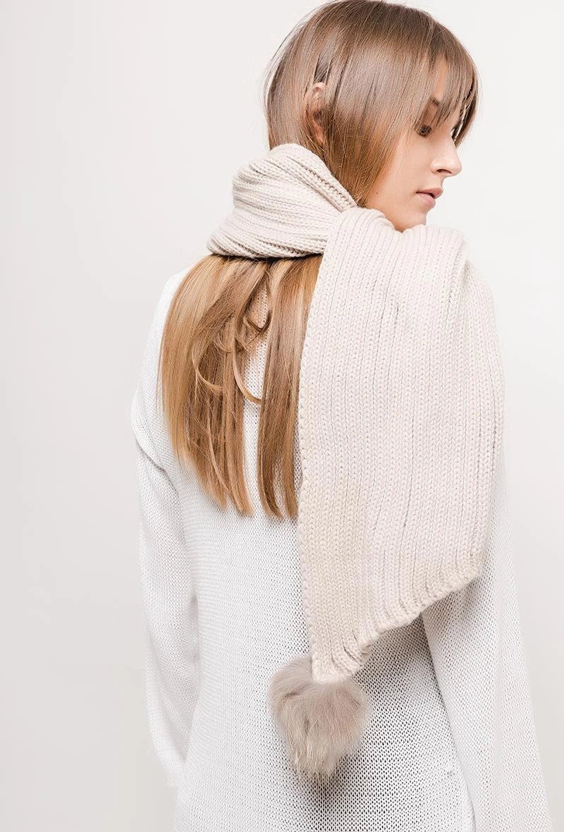 Écharpe beige en laine mélangée avec pompons en fourrure - RIVE GAUCHE