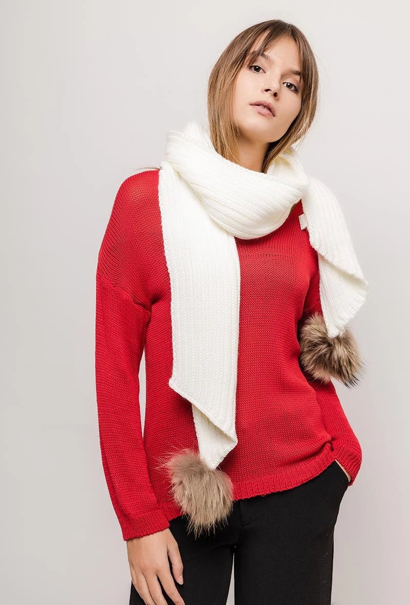 Écharpe blanche en laine mélangée avec pompons en fourrure - RIVE GAUCHE