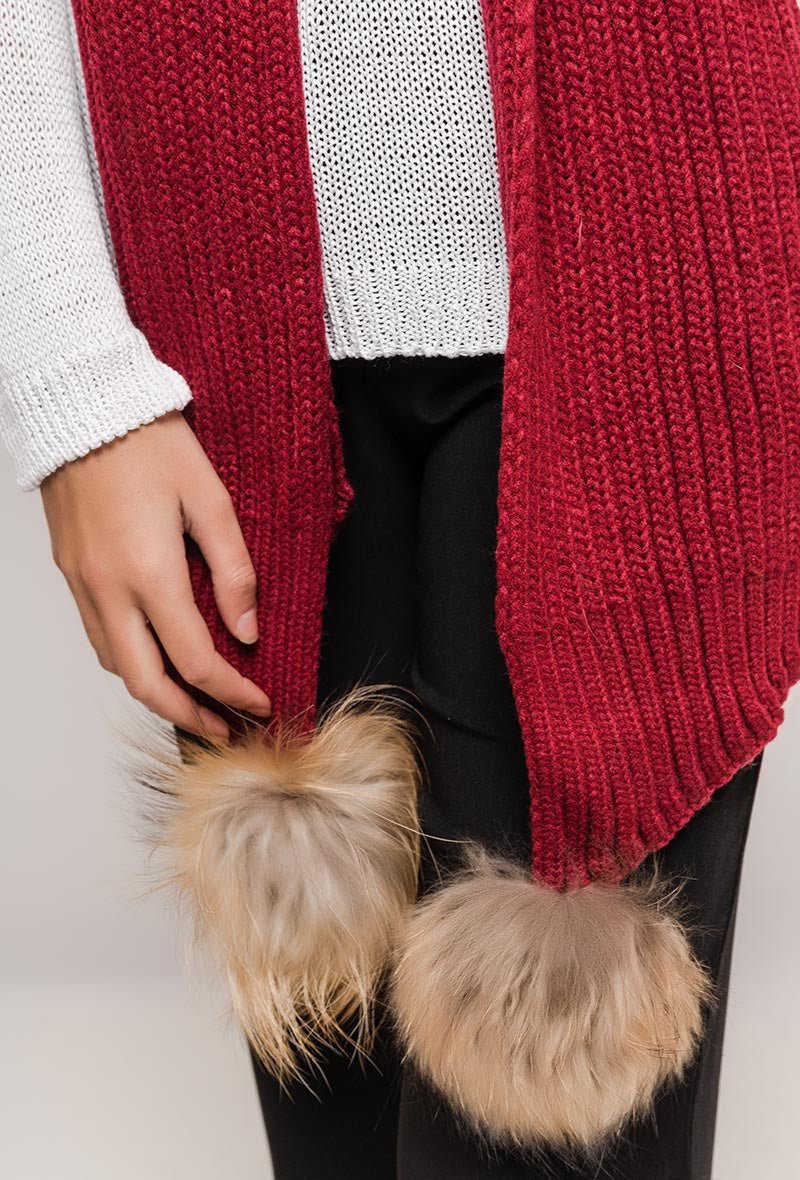 Écharpe bordeaux en laine mélangée avec pompons en fourrure - RIVE GAUCHE