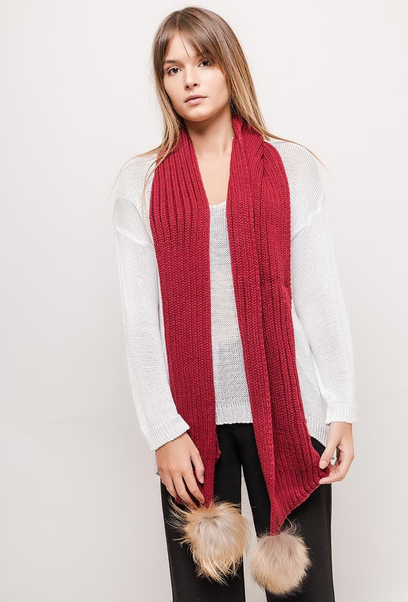 Écharpe bordeaux en laine mélangée avec pompons en fourrure - RIVE GAUCHE