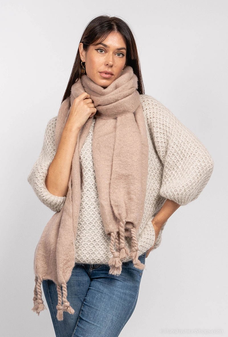 Echarpe en laine beige unie avec franges tressées - RIVE GAUCHE
