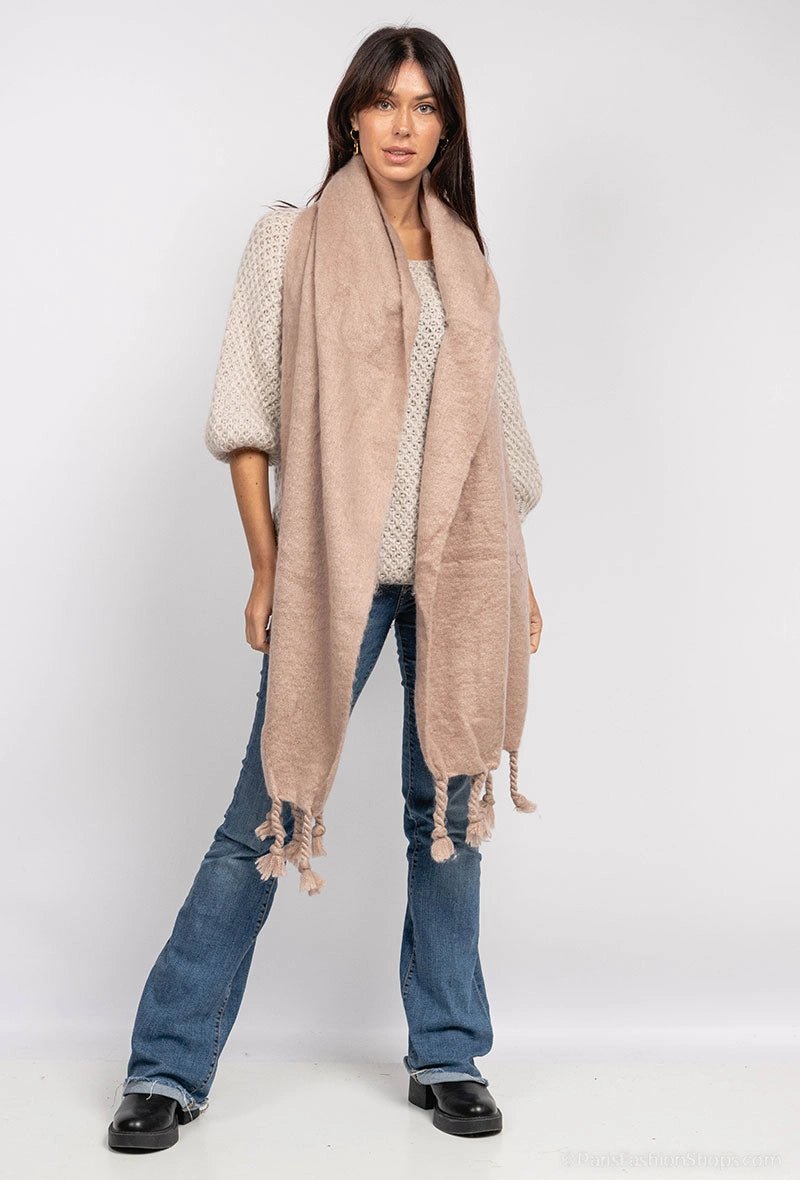 Echarpe en laine beige unie avec franges tressées - RIVE GAUCHE