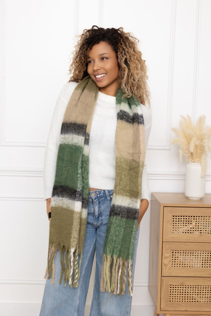 Écharpe en laine verte à grosses franges et à carreaux - RIVE GAUCHE