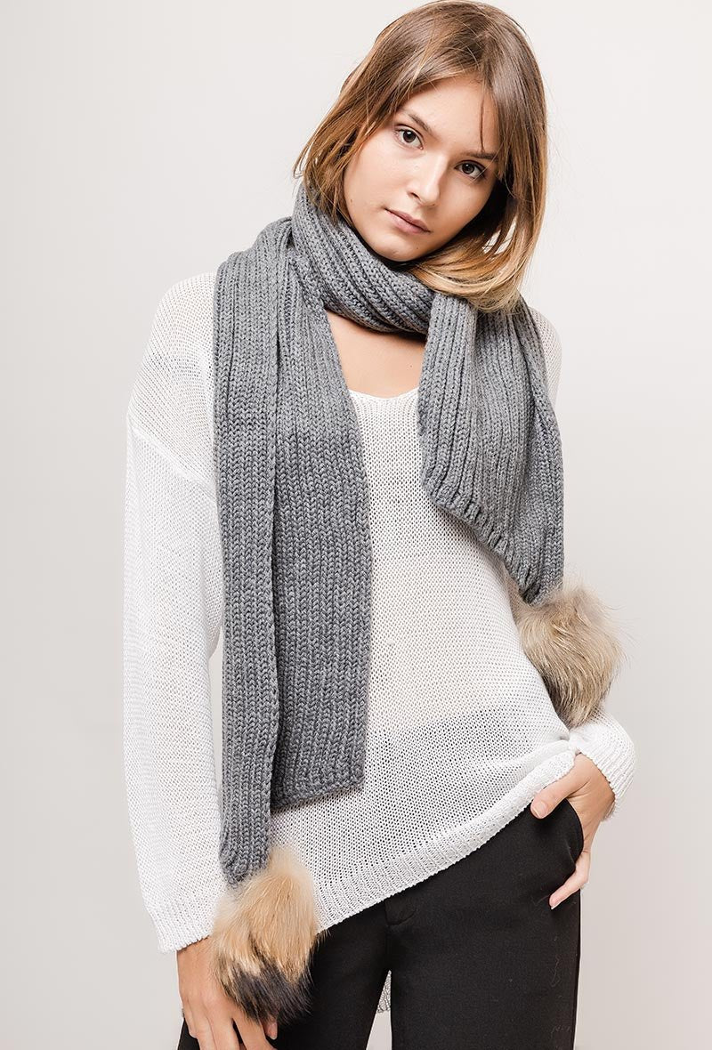 Écharpe grise en laine mélangée avec pompons en fourrure - RIVE GAUCHE