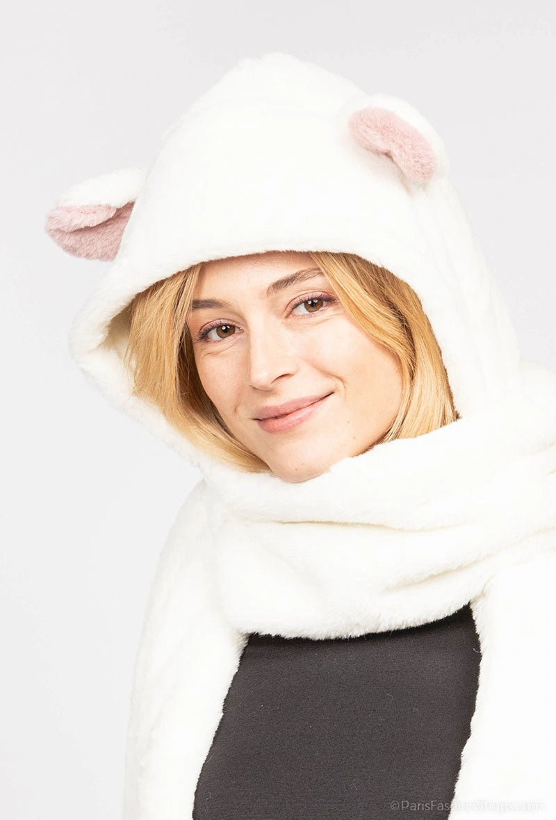 Echarpe nounours blanche avec capuche et poches - RIVE GAUCHE