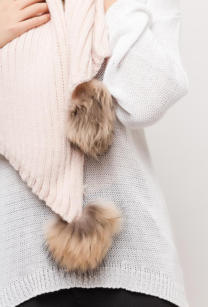 Écharpe rose en laine mélangée avec pompons en fourrure - RIVE GAUCHE