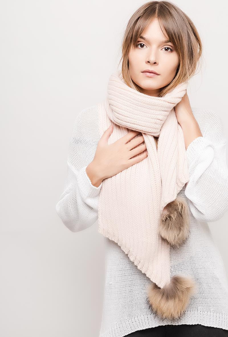 Écharpe rose en laine mélangée avec pompons en fourrure - RIVE GAUCHE
