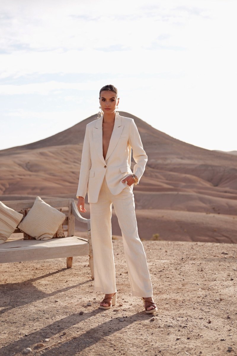 Ensemble 2 pièces veste et pantalon en lin de qualité supérieure beige - RIVE GAUCHE