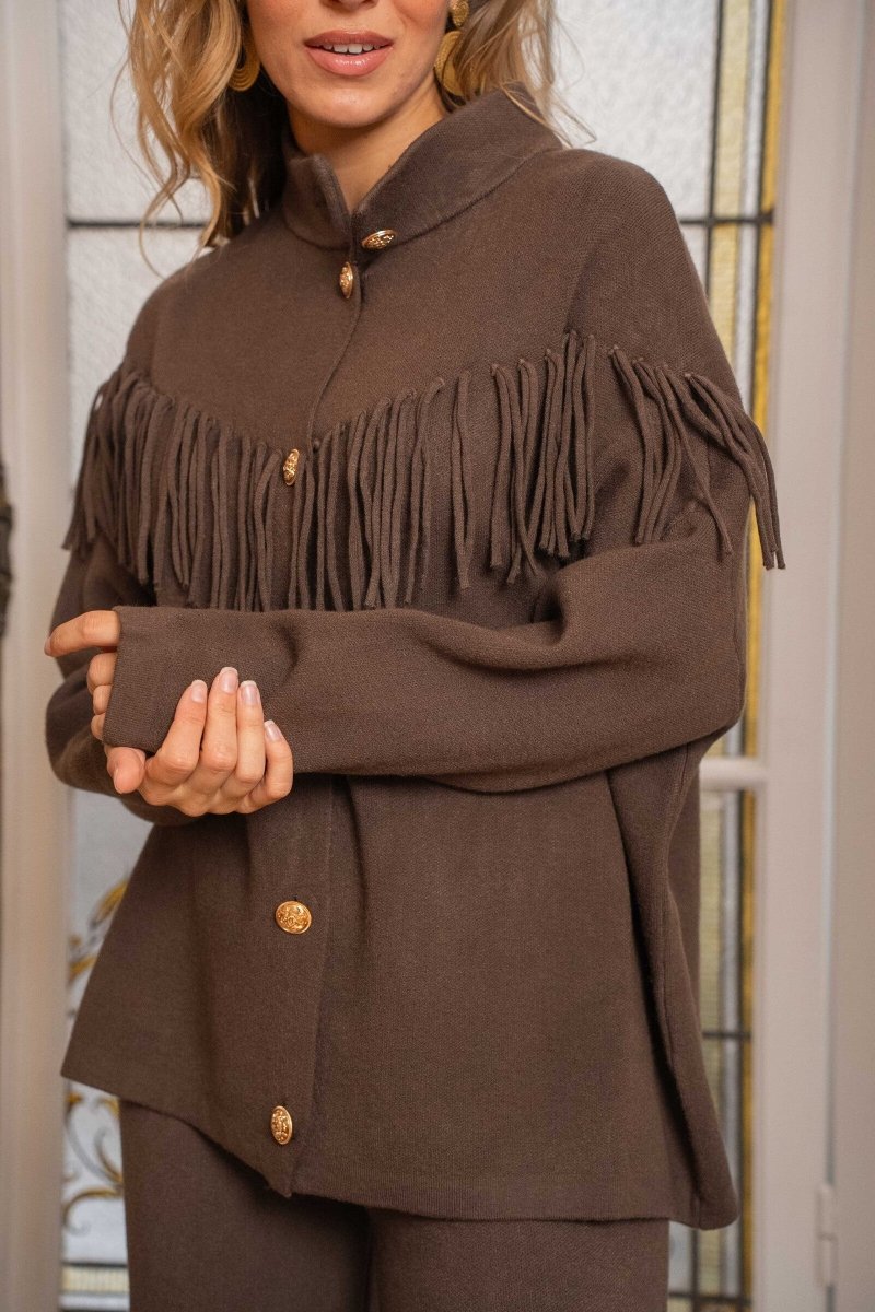 Ensemble à franges en maille douce chocolat - RIVE GAUCHE