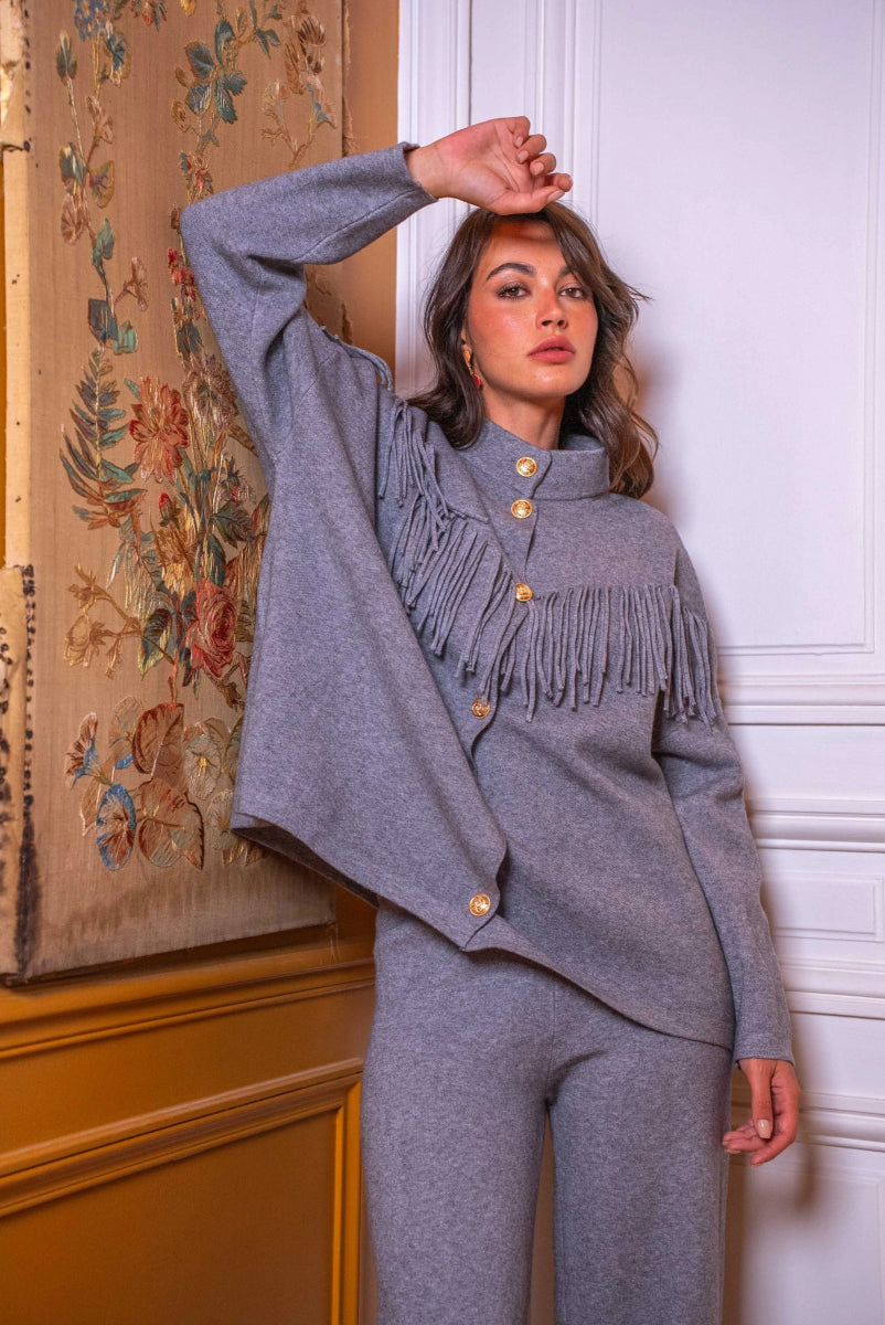 Ensemble à franges en maille douce gris - RIVE GAUCHE