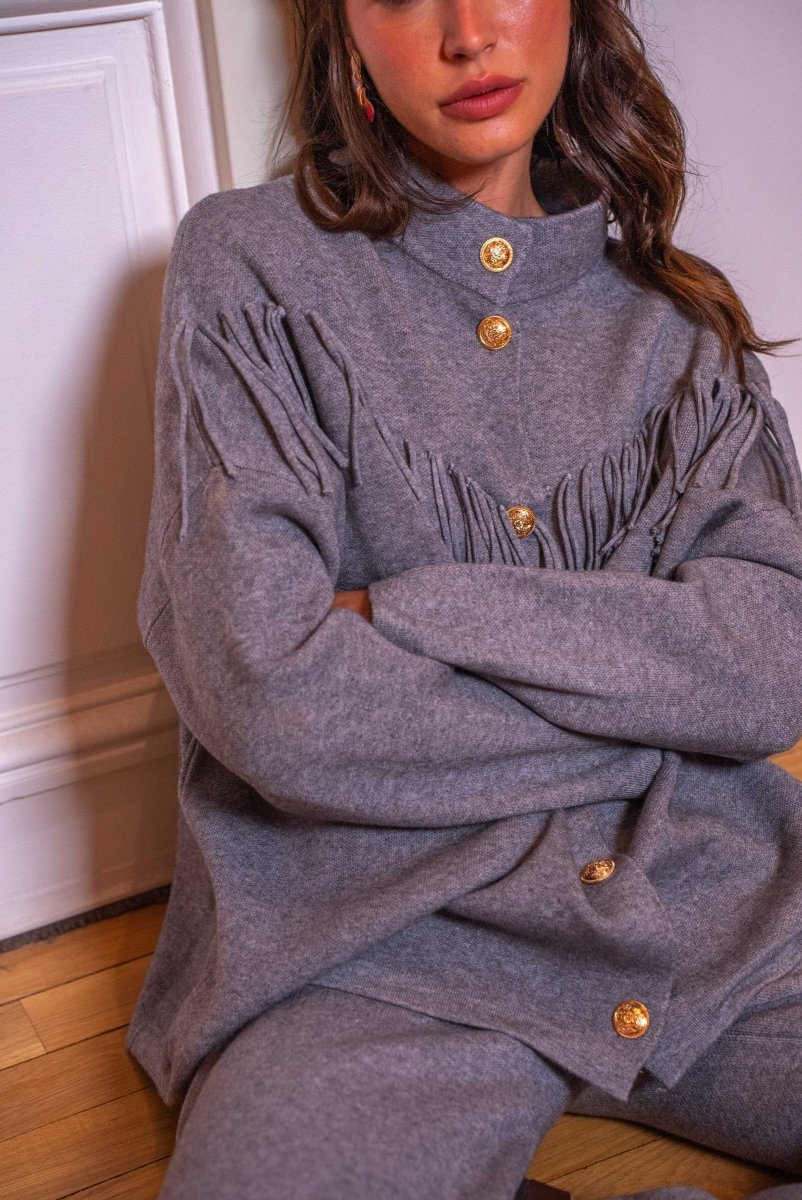 Ensemble à franges en maille douce gris - RIVE GAUCHE