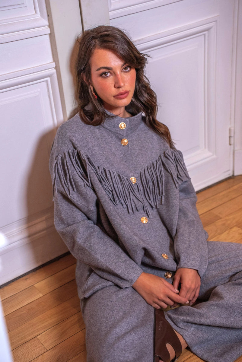 Ensemble à franges en maille douce gris - RIVE GAUCHE