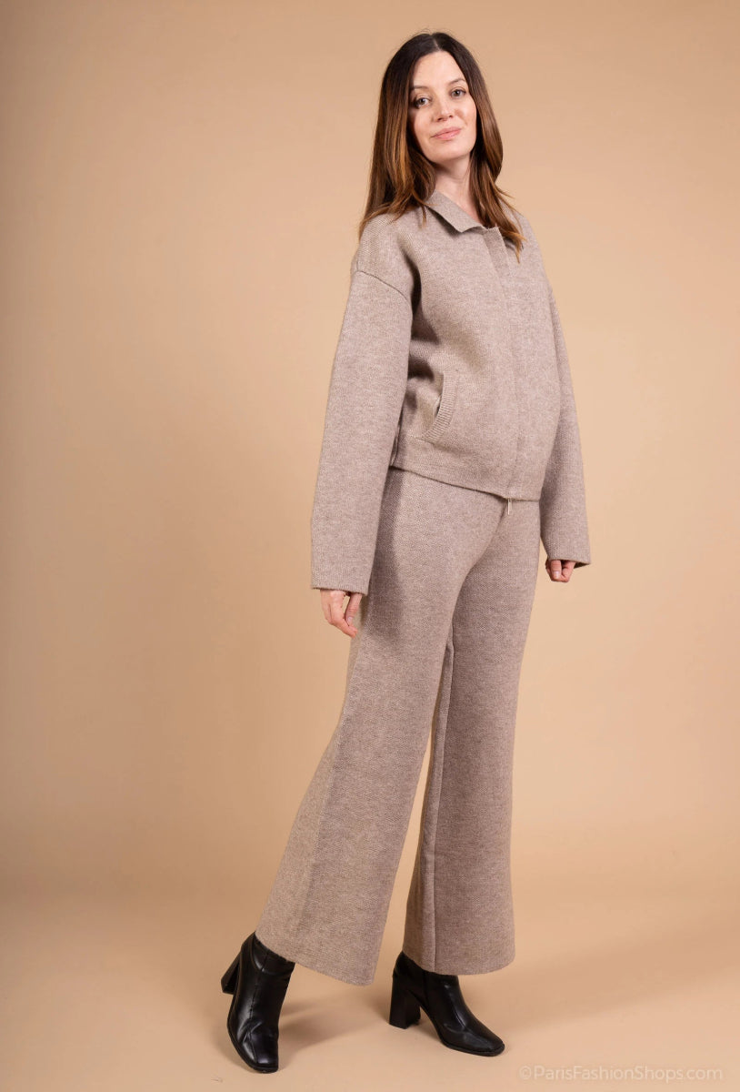 Ensemble cardigan et pantalon en maille douce taupe - RIVE GAUCHE
