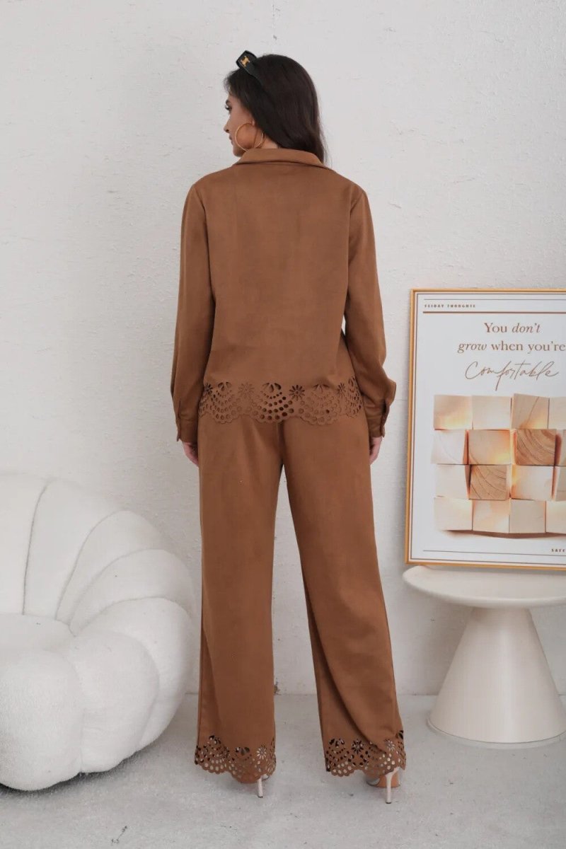 Ensemble chemise et pantalon camel en daim ajouré - RIVE GAUCHE