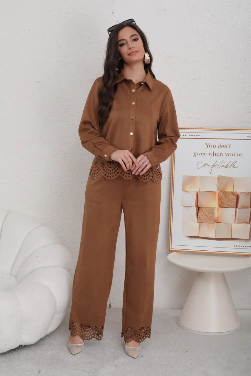 Ensemble chemise et pantalon camel en daim ajouré - RIVE GAUCHE