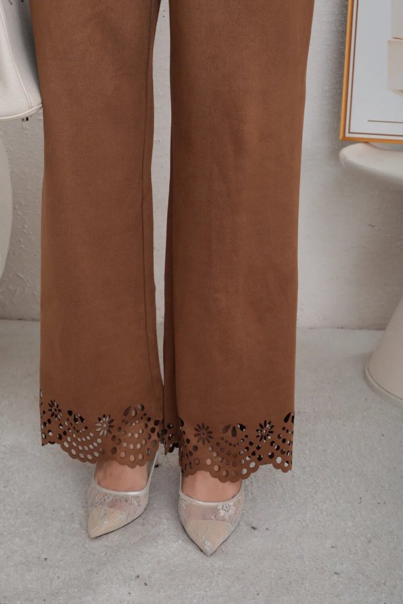 Ensemble chemise et pantalon camel en daim ajouré - RIVE GAUCHE