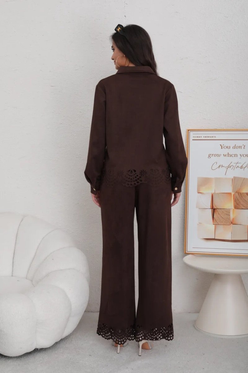Ensemble chemise et pantalon chocolat en daim ajouré - RIVE GAUCHE
