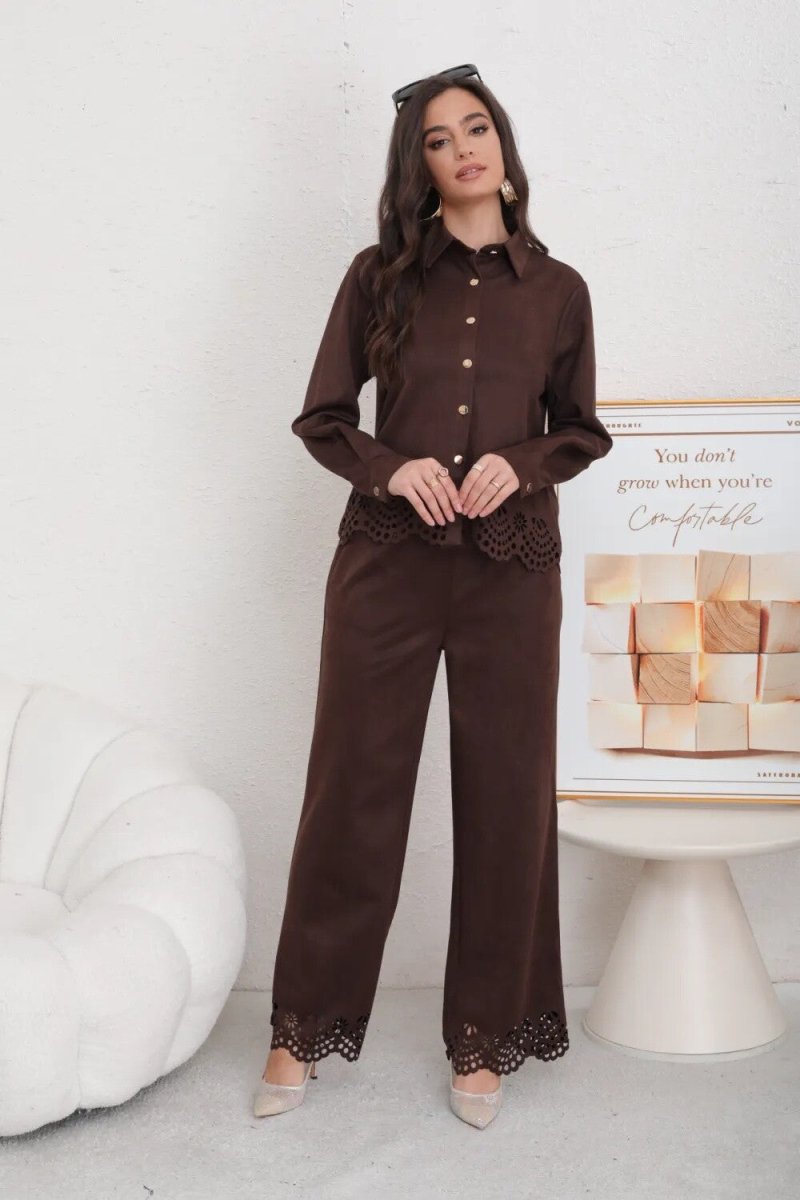 Ensemble chemise et pantalon chocolat en daim ajouré - RIVE GAUCHE