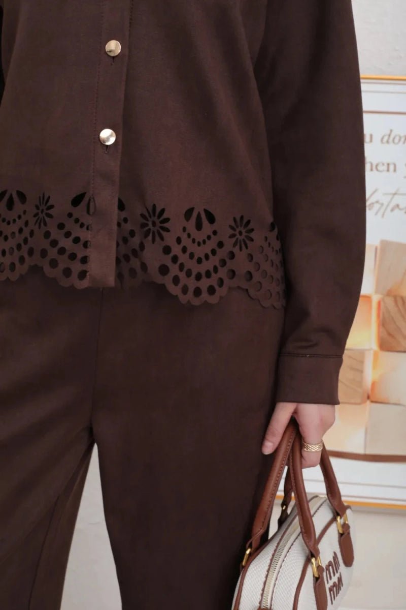 Ensemble chemise et pantalon chocolat en daim ajouré - RIVE GAUCHE