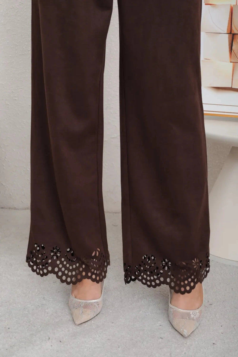 Ensemble chemise et pantalon chocolat en daim ajouré - RIVE GAUCHE