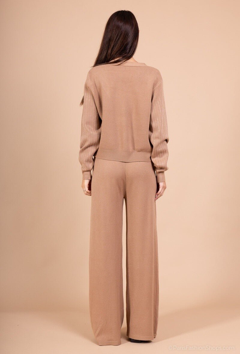 Ensemble chic en maille gilet et pantalon large avec strass - RIVE GAUCHE