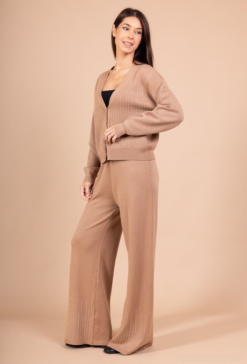 Ensemble chic en maille gilet et pantalon large avec strass - RIVE GAUCHE