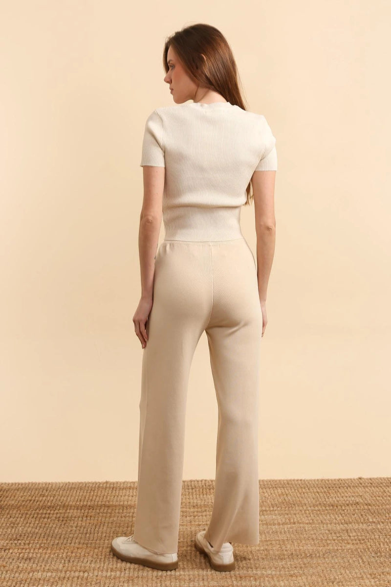 Ensemble deux pièces en maille beige - pull manche courtes et pantalon taille haute évasée - RIVE GAUCHE