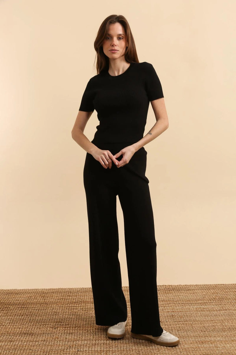 Ensemble deux pièces en maille noir - pull manche courtes et pantalon taille haute évasée - RIVE GAUCHE
