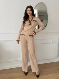 Ensemble en maille beige avec détails léopard et boutons dorés - RIVE GAUCHE