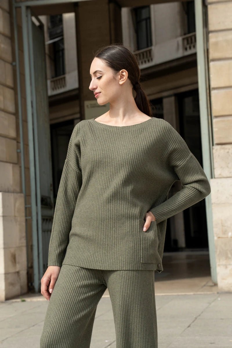 Ensemble en maille côtelé kaki - RIVE GAUCHE