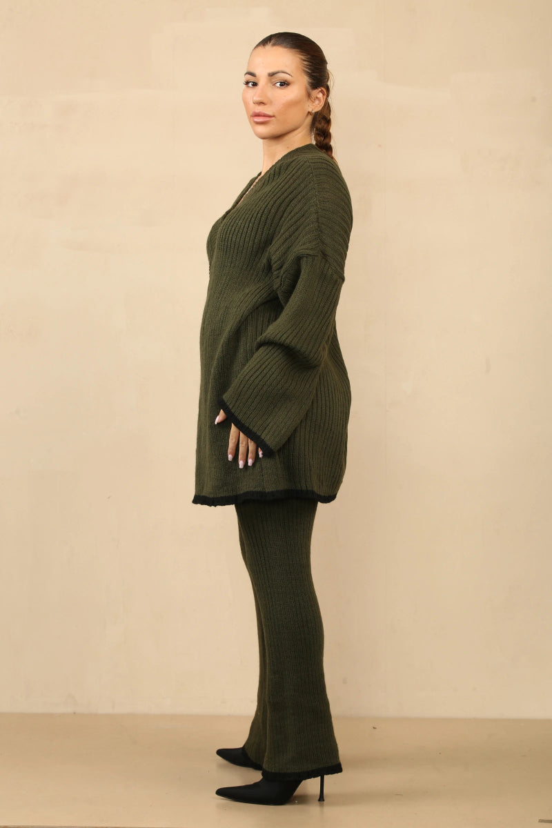 Ensemble en tricot élégant style cache - cœur kaki - RIVE GAUCHE