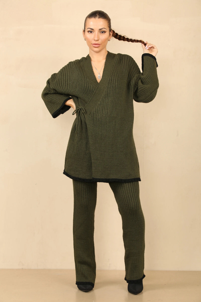 Ensemble en tricot élégant style cache - cœur kaki - RIVE GAUCHE