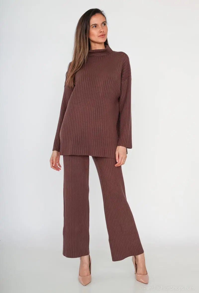 Ensemble épais en maille col roulé chocolat - RIVE GAUCHE