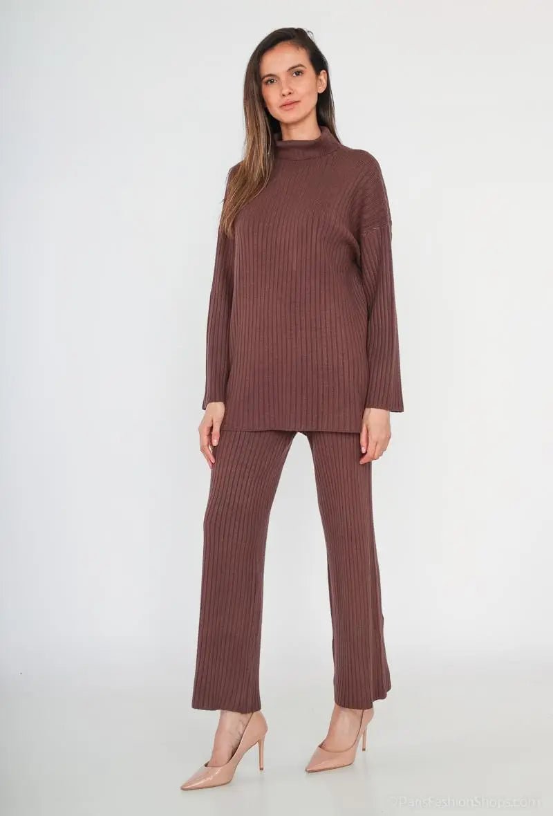 Ensemble épais en maille col roulé chocolat - RIVE GAUCHE